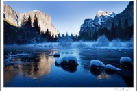 View of El Capitan and the Merced River in Yosemite National Park during the winter.
